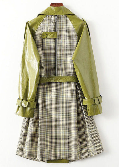 Green Peter Pan Collar Striped Patchwork Tie Waist Button Pockets Leather Trench Coats Long Sleeve