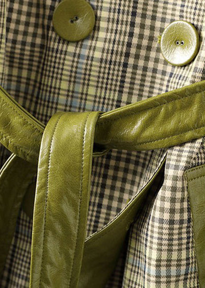 Green Peter Pan Collar Striped Patchwork Tie Waist Button Pockets Leather Trench Coats Long Sleeve