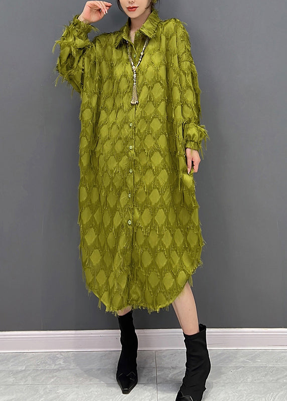 Green Peter Pan Collar Tasseled Maxi Dresses Fall