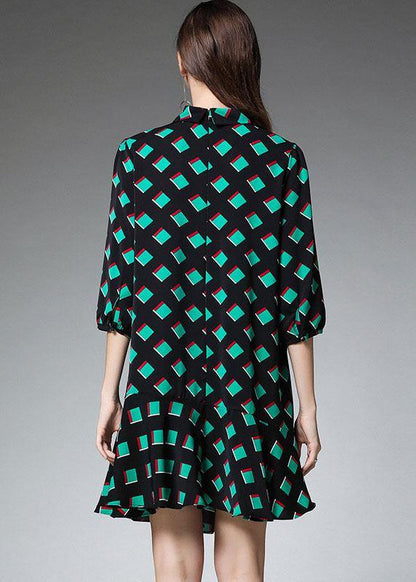 Green Plaid Chiffon Fall Zippered Party Dresses Half Sleeve