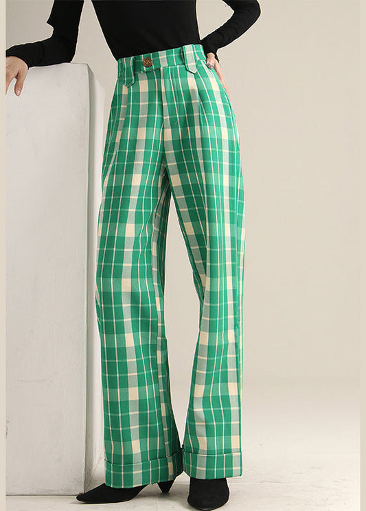 Green Plaid High Waist Straight Pants Spring