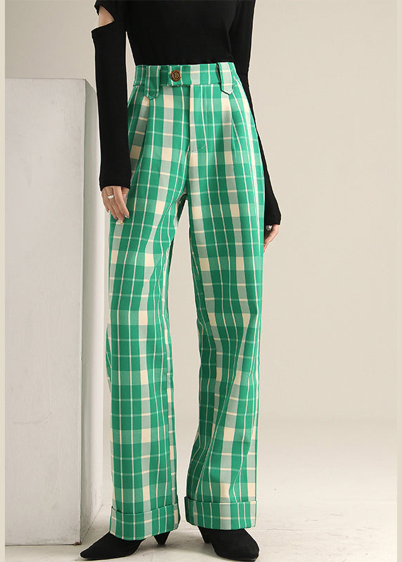 Green Plaid High Waist Straight Pants Spring