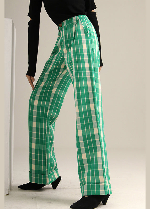 Green Plaid High Waist Straight Pants Spring