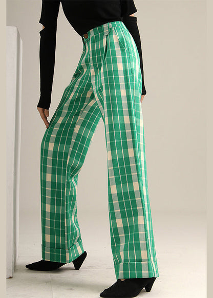 Green Plaid High Waist Straight Pants Spring