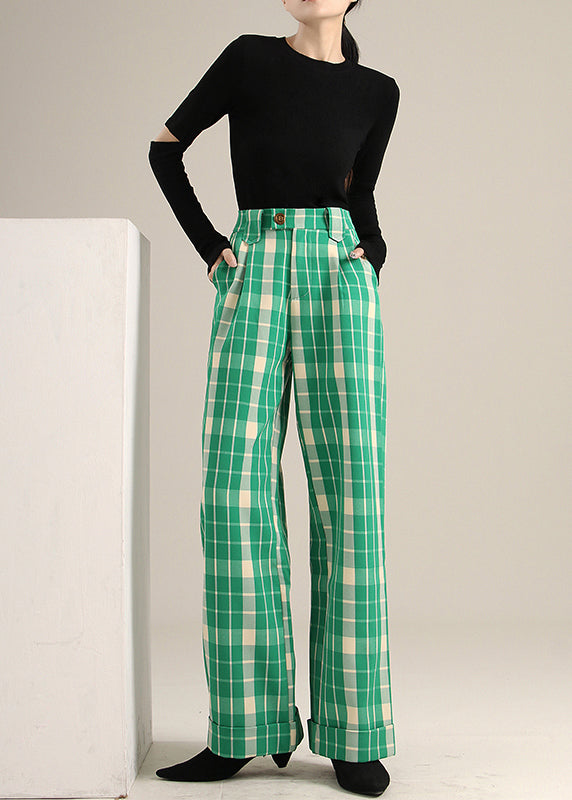 Green Plaid High Waist Straight Pants Spring