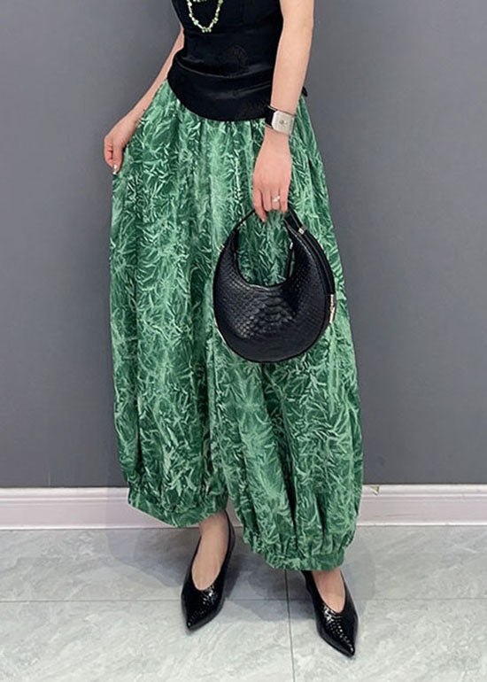 Green Pockets Print Patchwork Cotton Harem Pants Summer
