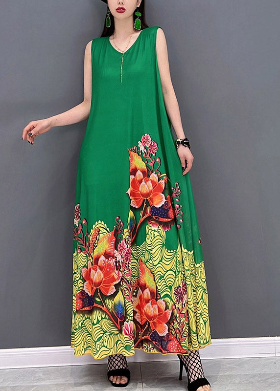 Green Print Chiffon Long Vacation Dresses Summer