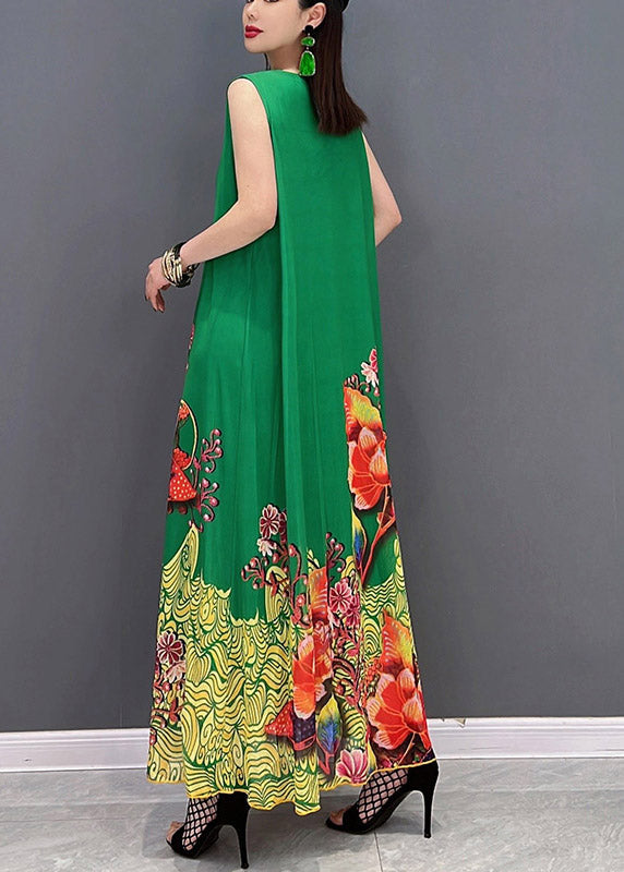 Green Print Chiffon Long Vacation Dresses Summer