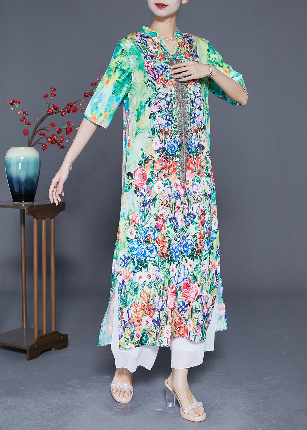 Green Print Chinese Button Chiffon Party Dress Summer
