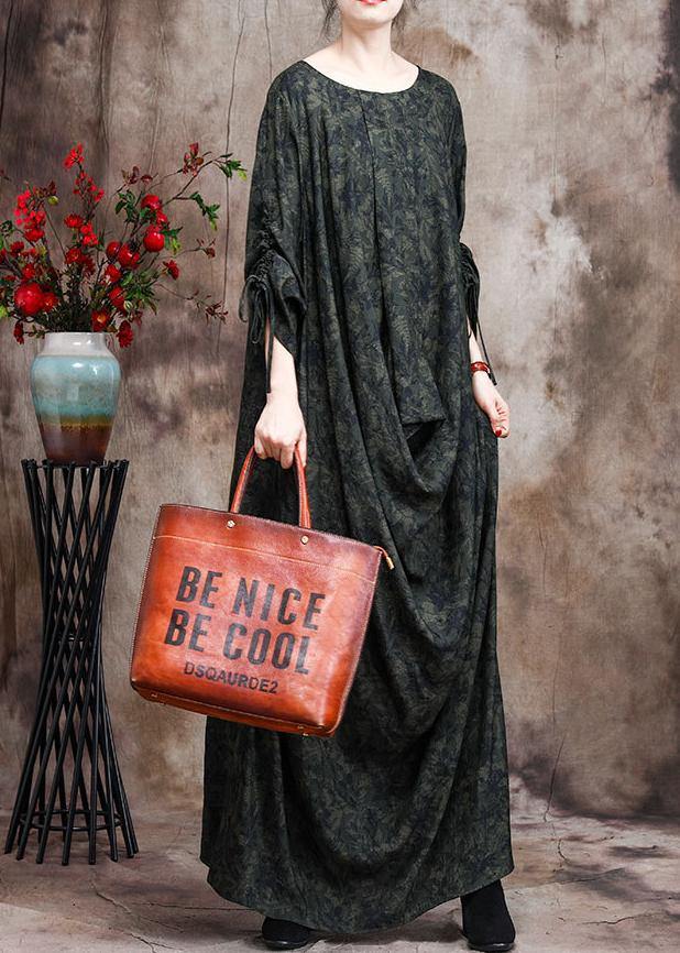 Green Print O Neck Asymmetric Robes Dresses