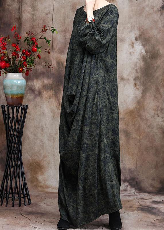 Green Print O Neck Asymmetric Robes Dresses