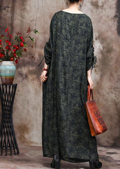 Green Print O Neck Asymmetric Robes Dresses