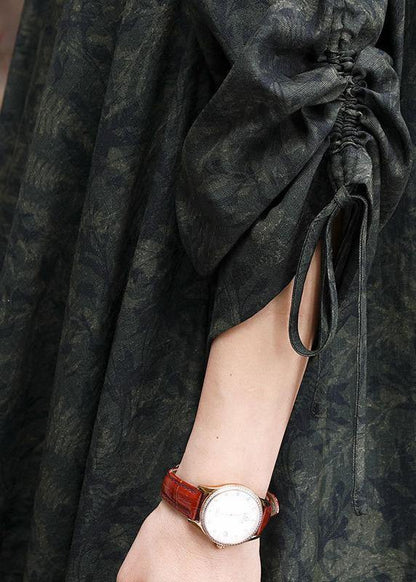 Green Print O Neck Asymmetric Robes Dresses