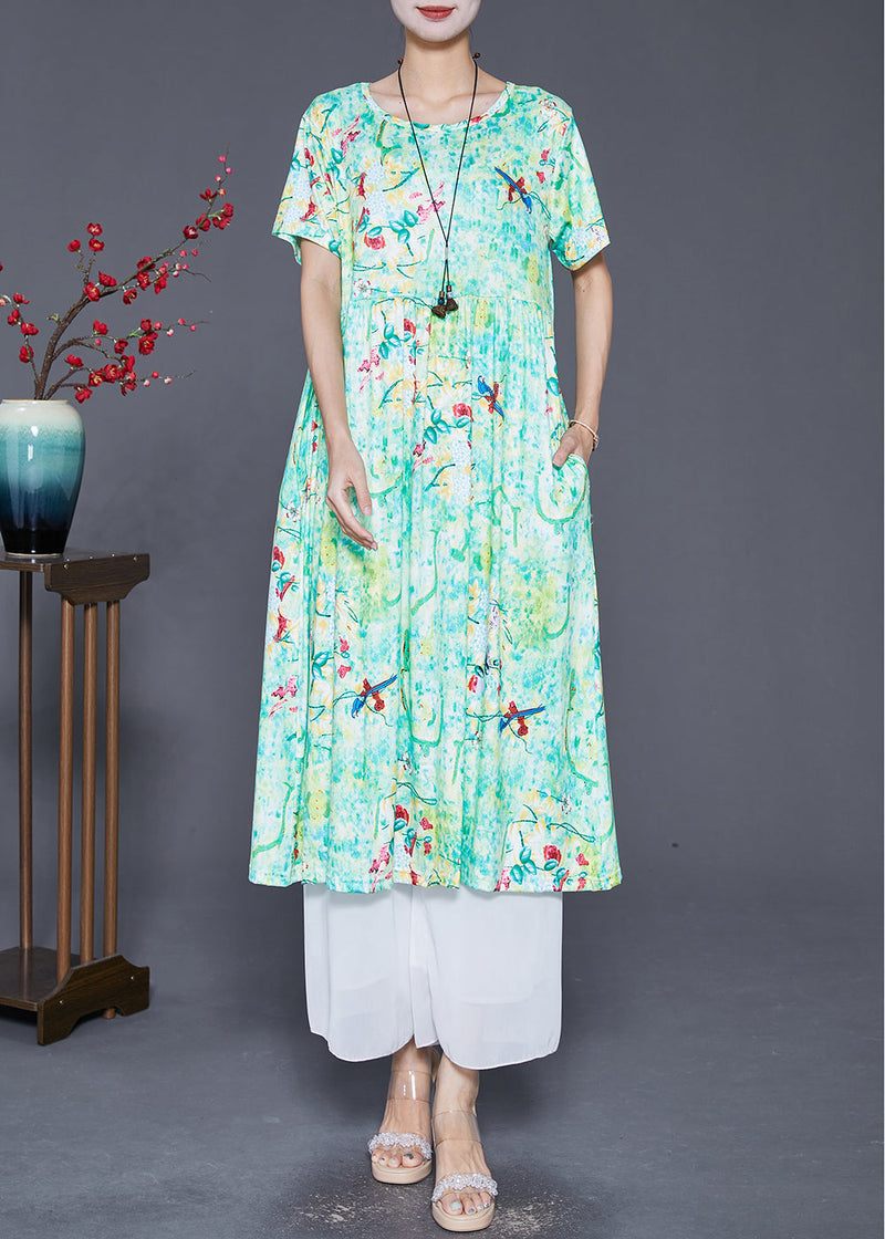 Green Print Exra Large Hem Cotton Dress Summer