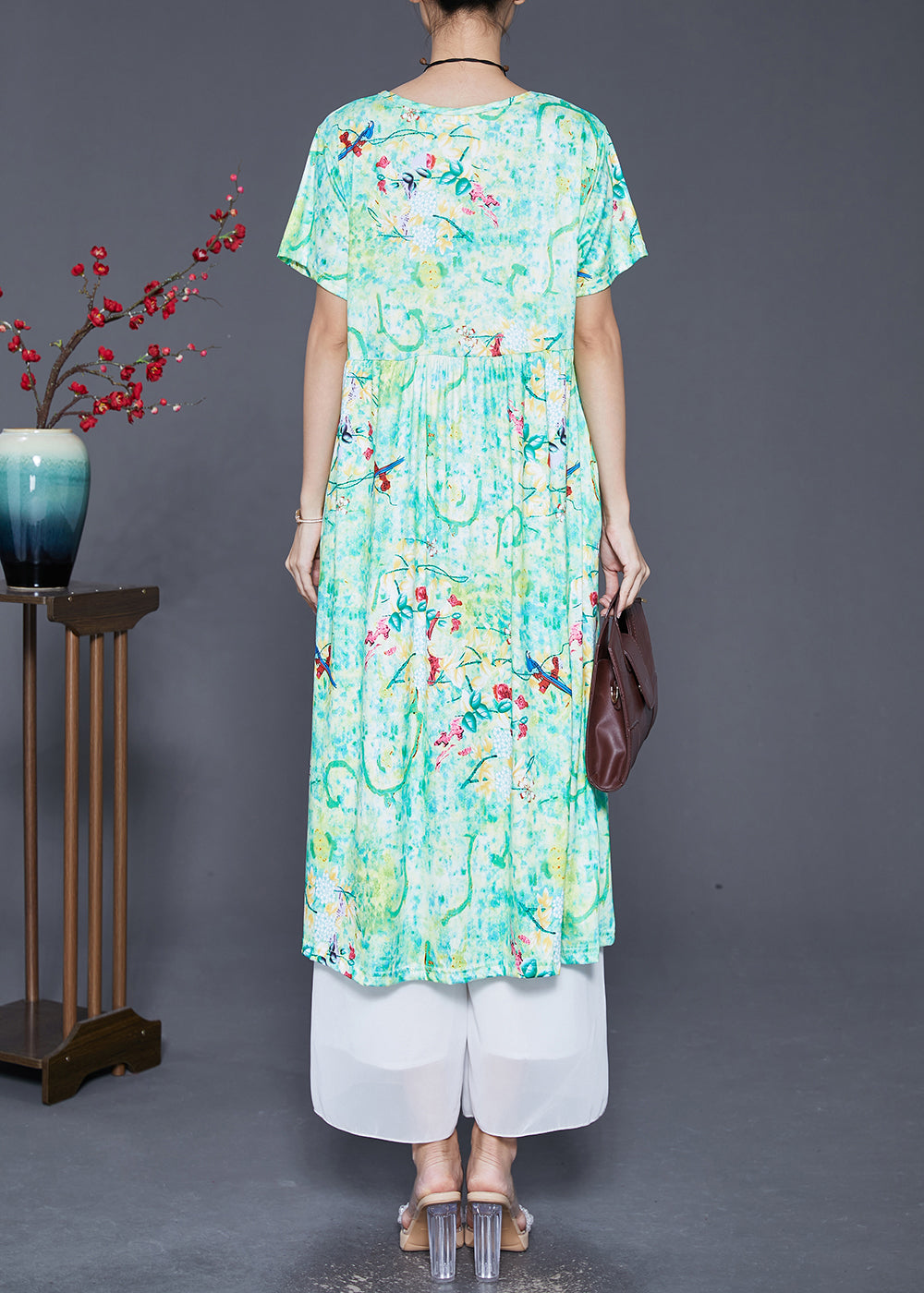 Green Print Exra Large Hem Cotton Dress Summer