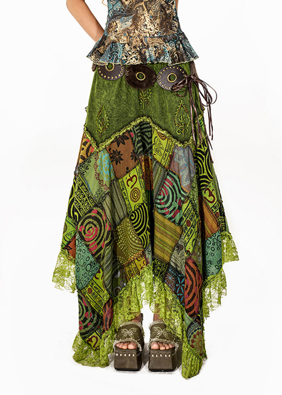 Green Print Lace Patchwork Maxi Skirt