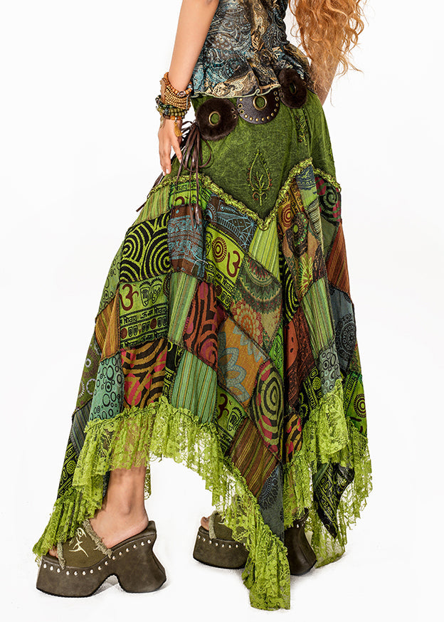 Green Print Lace Patchwork Maxi Skirt