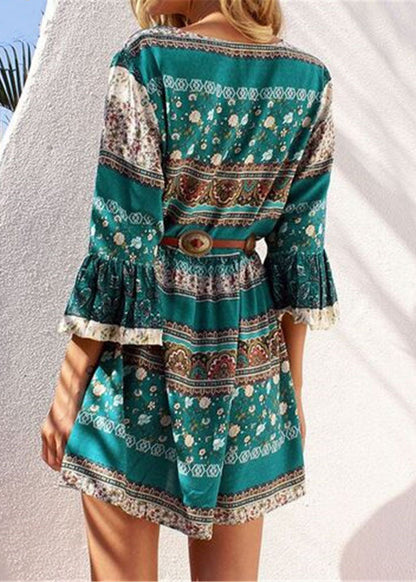 Green Print Lace Up Chiffon Vacation Mid Dresses Flare Sleeve