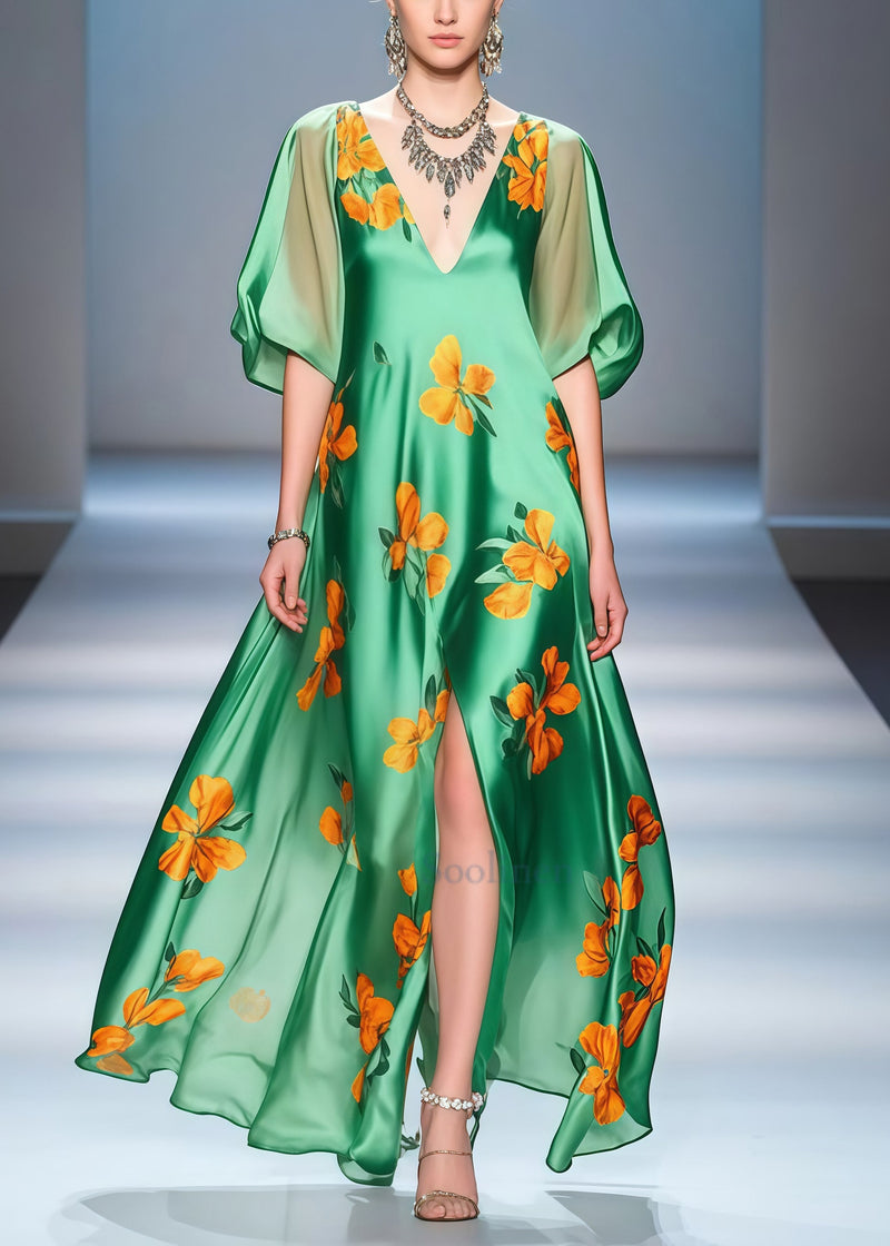 Green Print Side Open Draping Silk Party Dress Summer