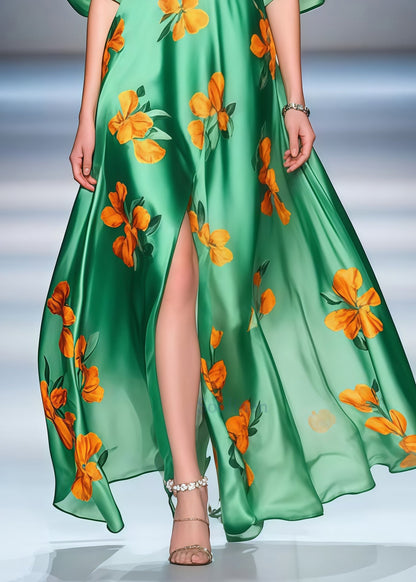Green Print Side Open Draping Silk Party Dress Summer