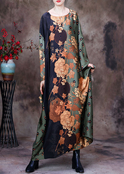 Green Print Silk Maxi Dress Batwing Sleeve