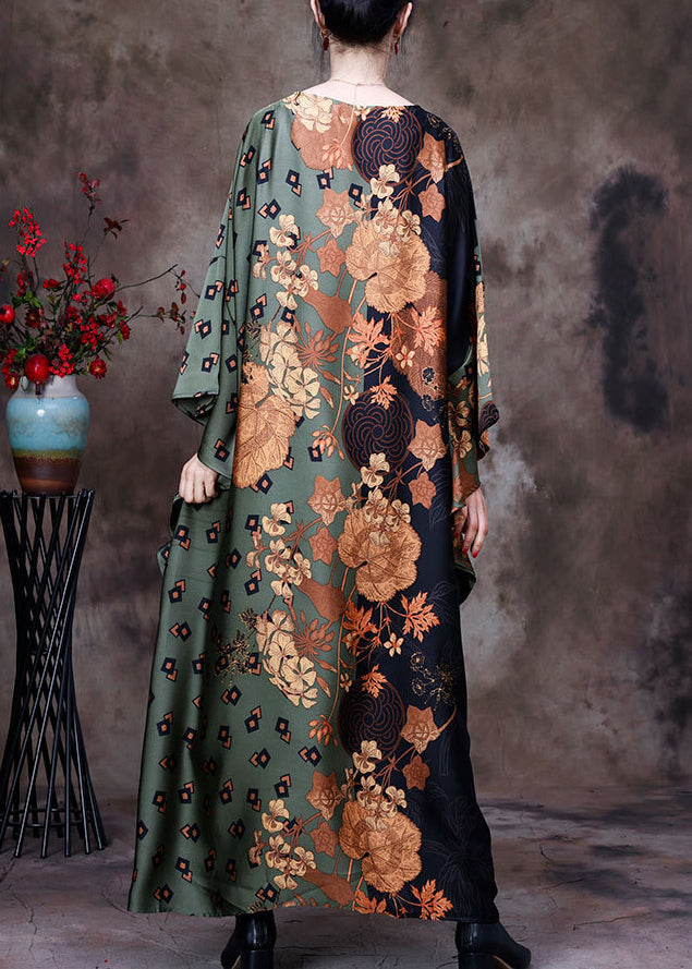 Green Print Silk Maxi Dress Batwing Sleeve