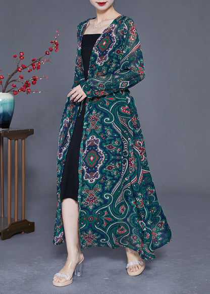 Green Print Tie Waist Chiffon Long Cardigan Summer