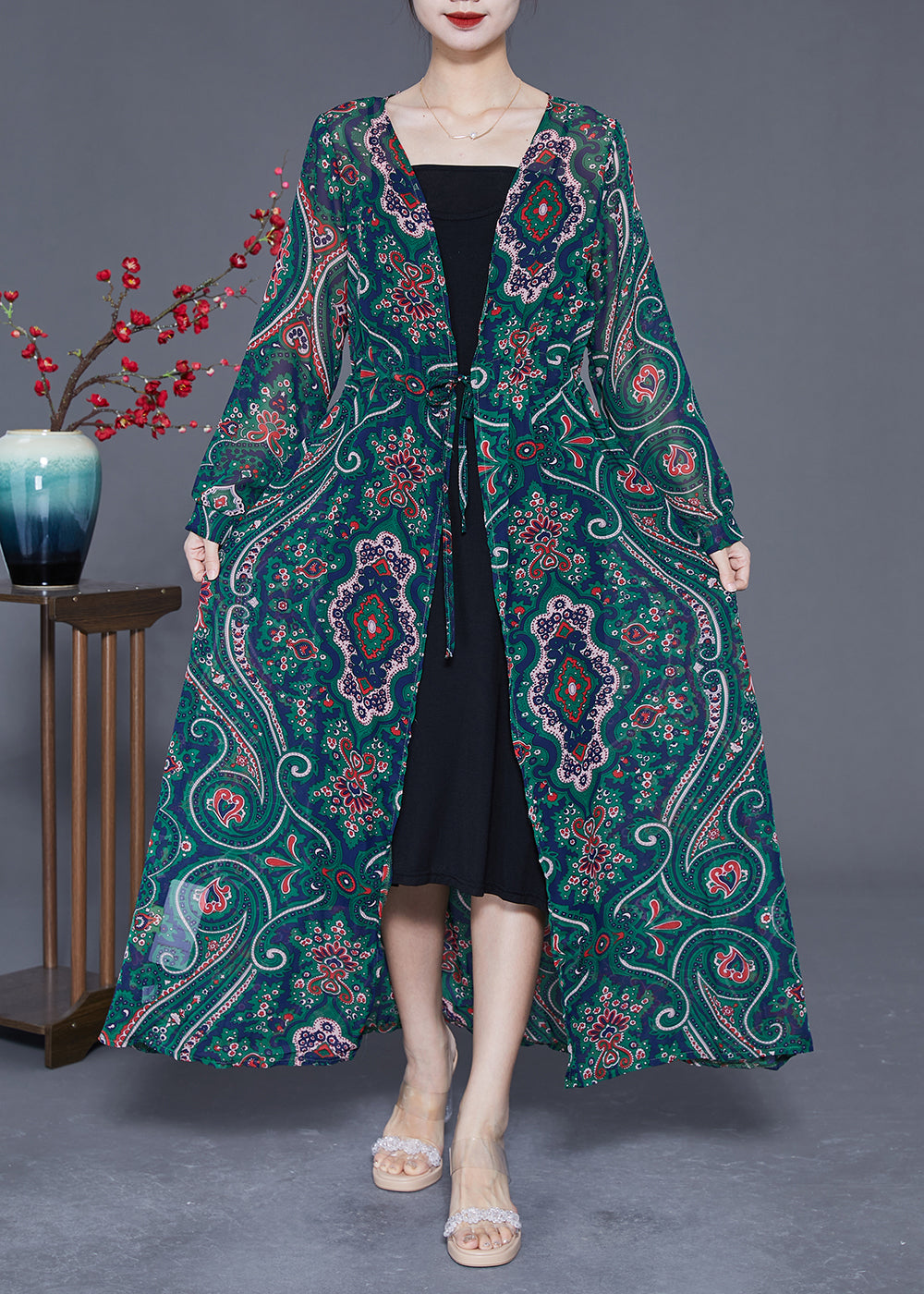 Green Print Tie Waist Chiffon Long Cardigan Summer