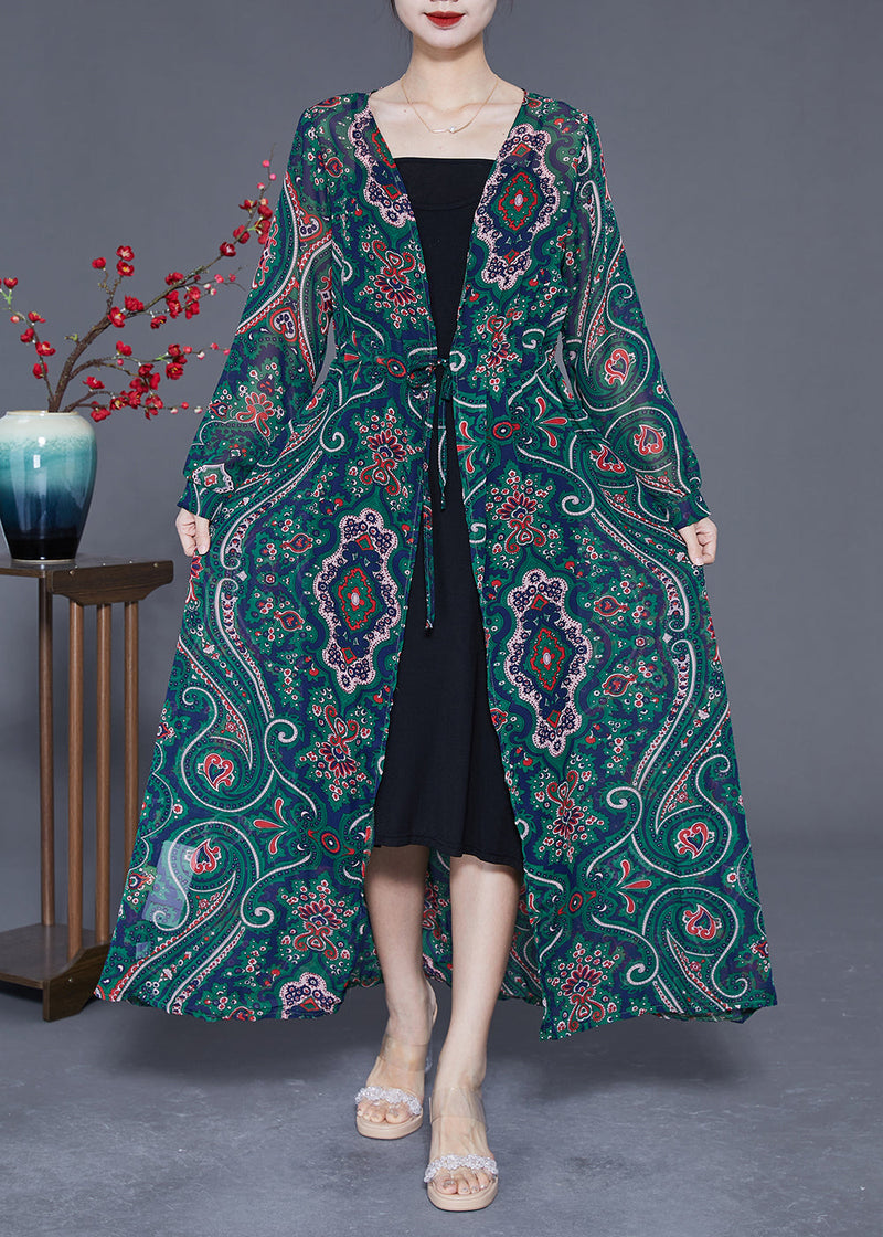 Green Print Tie Waist Chiffon Long Cardigan Summer