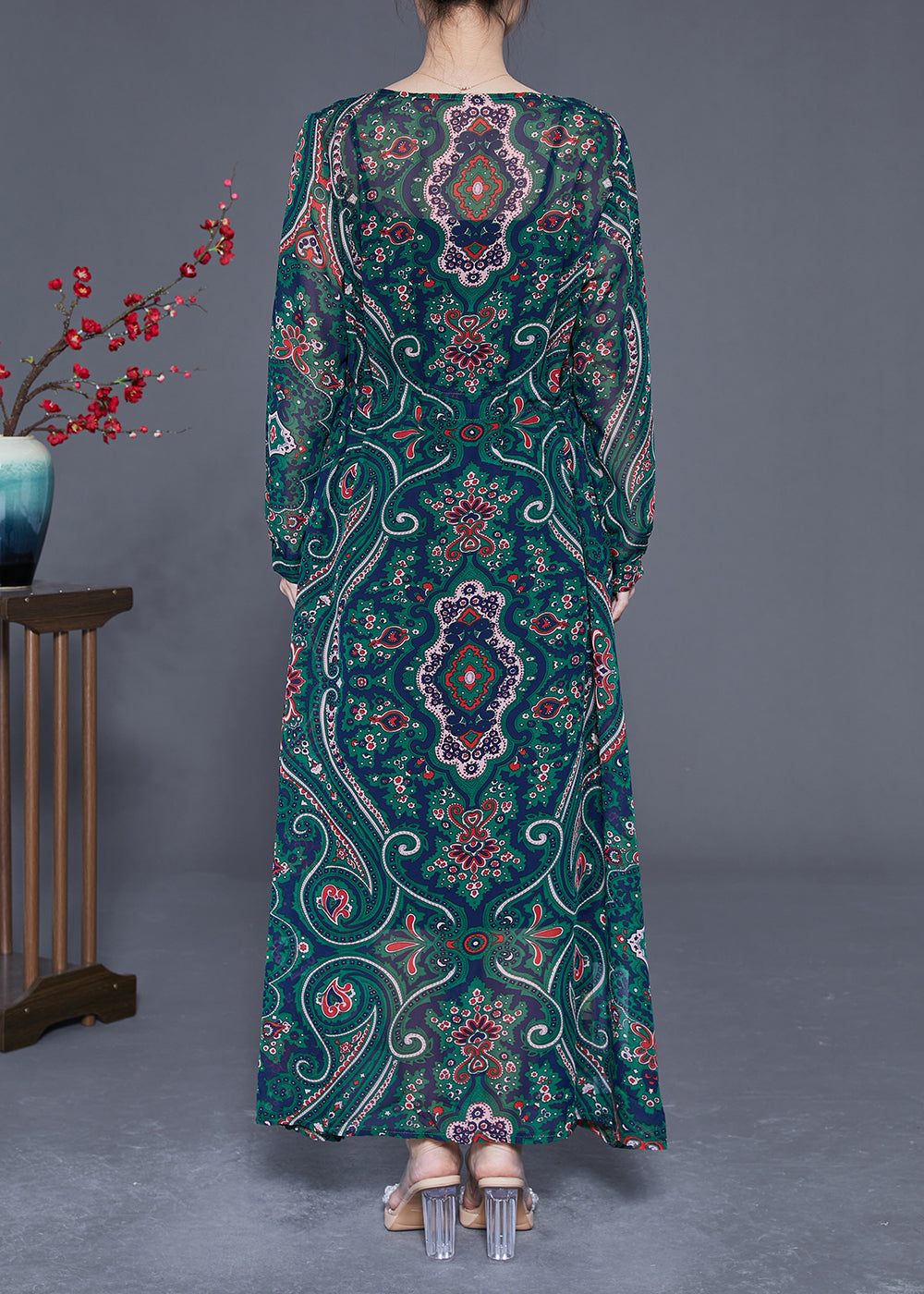 Green Print Tie Waist Chiffon Long Cardigan Summer