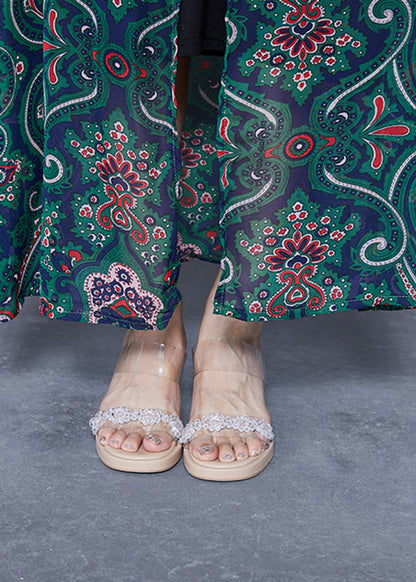 Green Print Tie Waist Chiffon Long Cardigan Summer