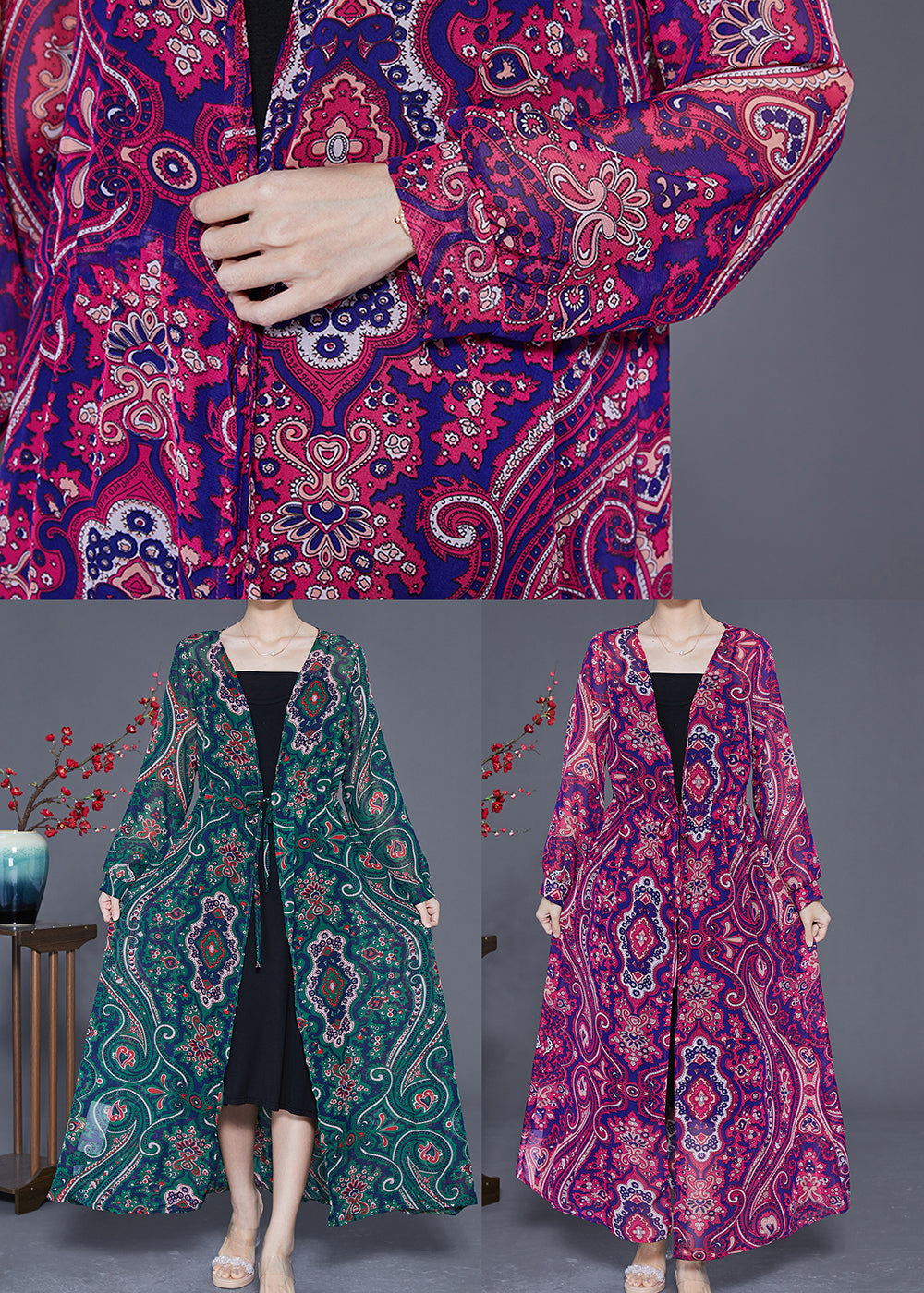 Green Print Tie Waist Chiffon Long Cardigan Summer