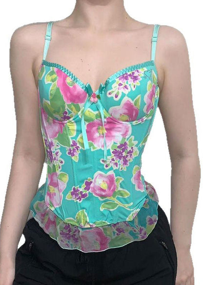 Green Print Tulle Patchwork Spaghetti Strap Tank Sleeveless