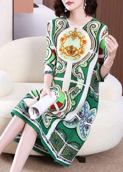 Green Print Wrinkled a Liner Dress Bracelet Sleeve