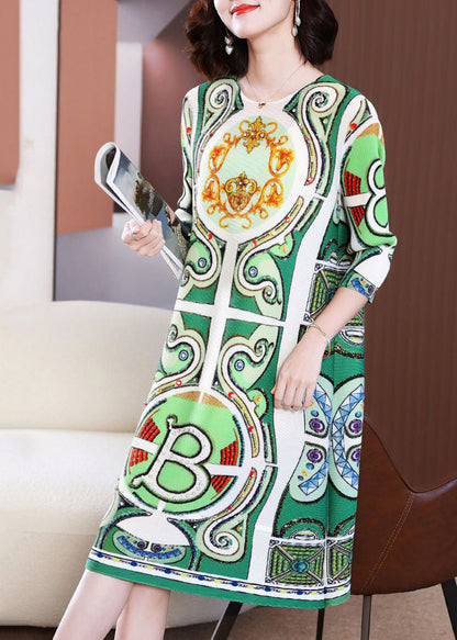 Green Print Wrinkled a Liner Dress Bracelet Sleeve