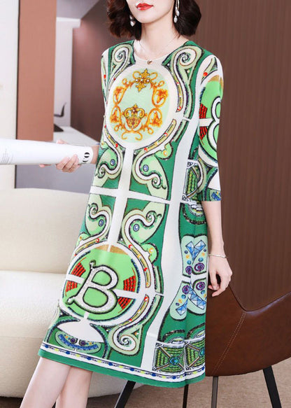 Green Print Wrinkled a Liner Dress Bracelet Sleeve