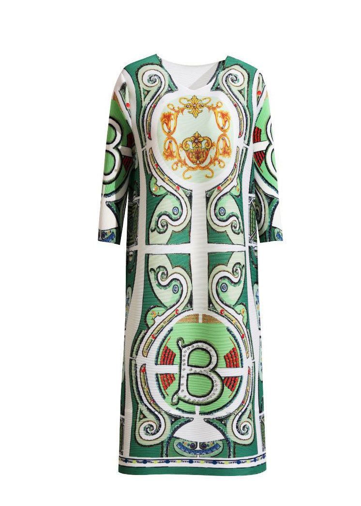 Green Print Wrinkled a Liner Dress Bracelet Sleeve