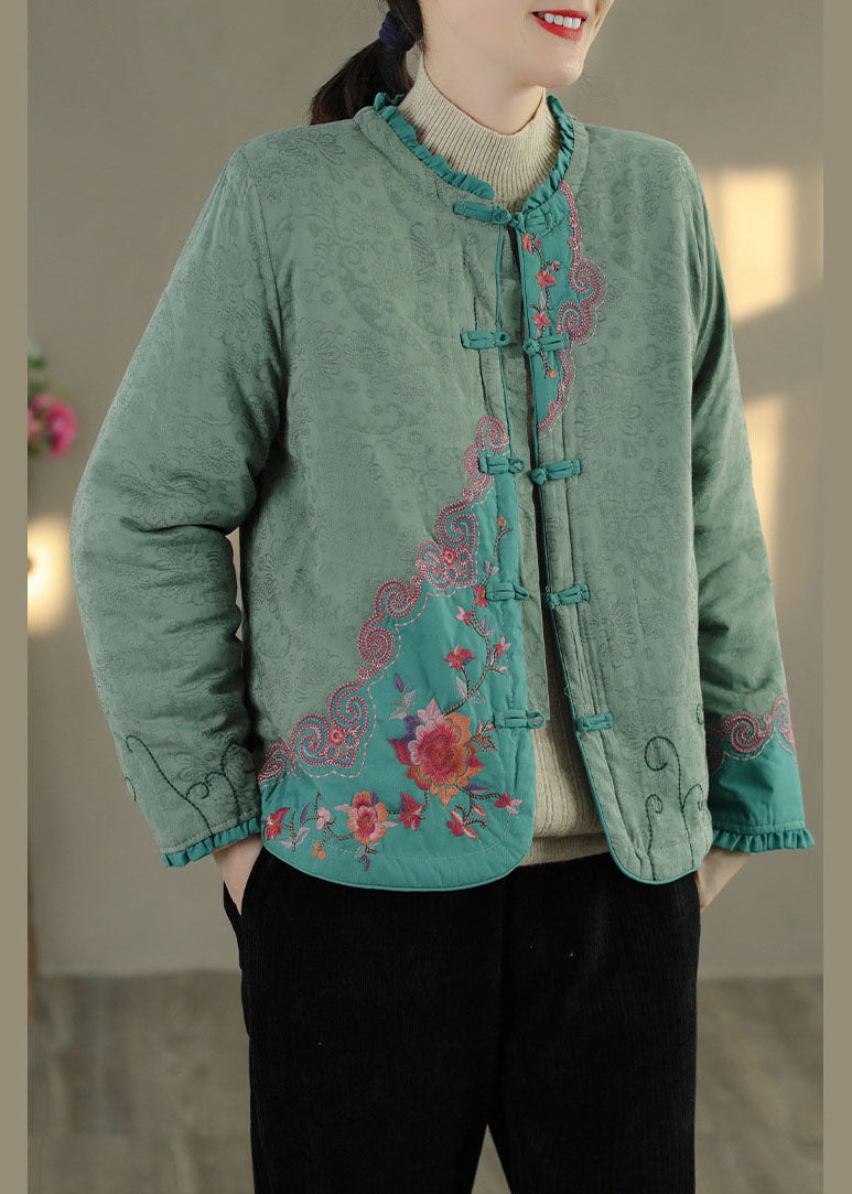 Green Ruffled Embroideried Fine Cotton Filled Coats Spring