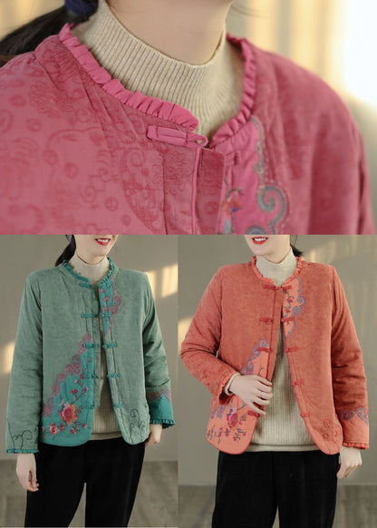 Green Ruffled Embroideried Fine Cotton Filled Coats Spring