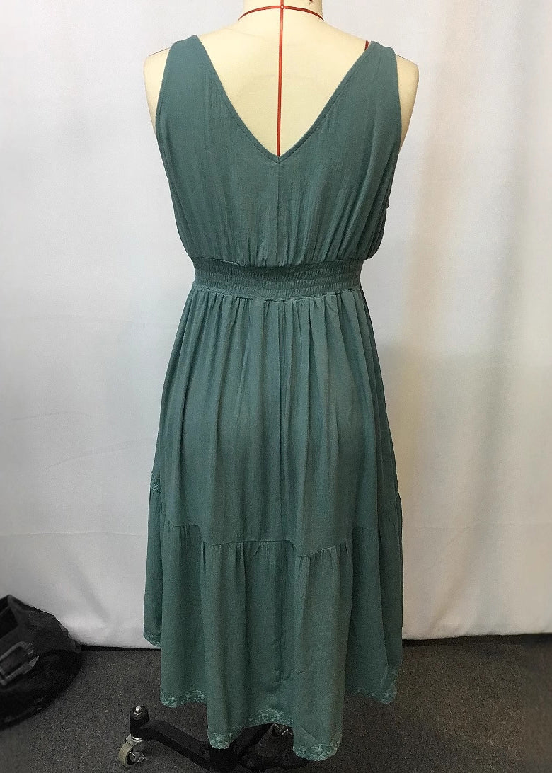 Green Ruffled Patchwork Long Spaghetti Strap Dress Sleeveless