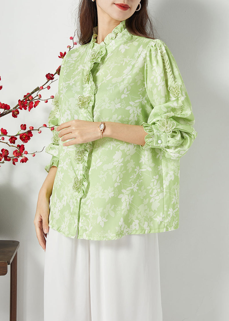 Green Ruffled Print Butterfly Silk Tops Spring