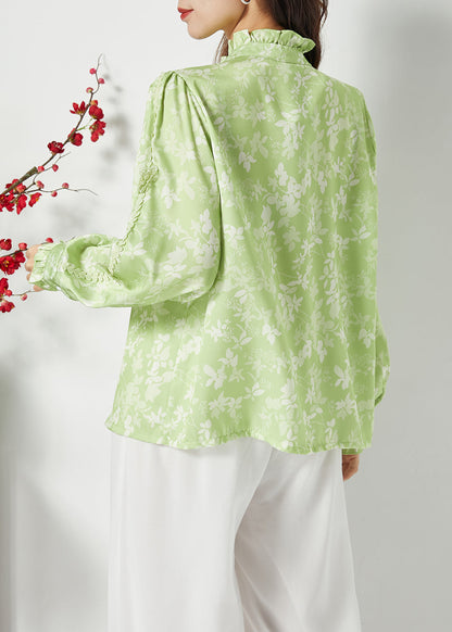 Bohemian Green Ruffled Print Butterfly Silk Tops Spring