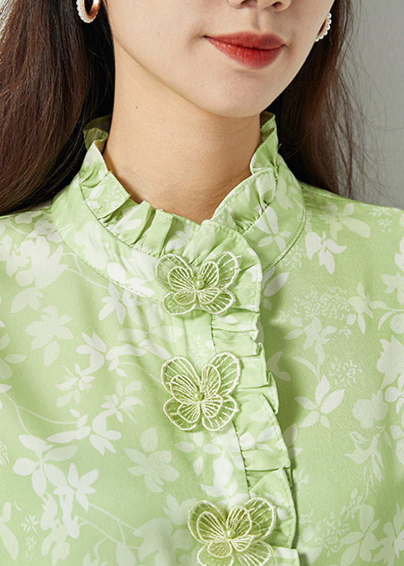 Green Ruffled Print Butterfly Silk Tops Spring