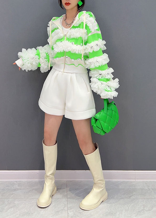 Green Ruffled Zippered Cotton Hoodie Coat Spring