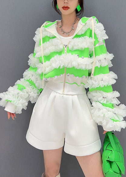Green Ruffled Zippered Cotton Hoodie Coat Spring