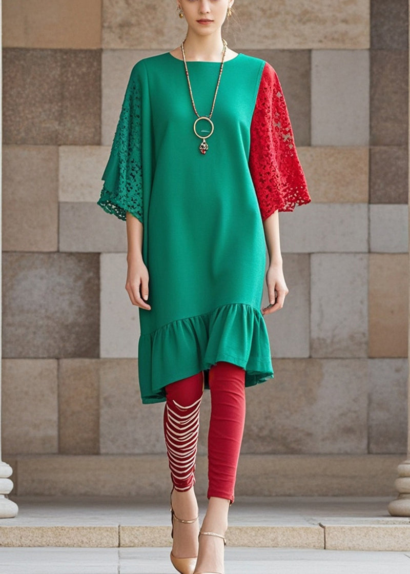 Green Ruffles Patchwork Lace Dresses Fall