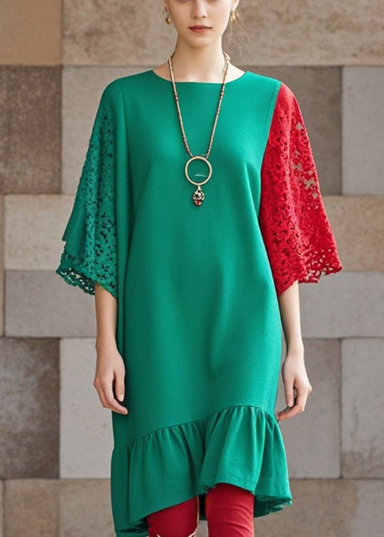 Green Ruffles Patchwork Lace Dresses Fall