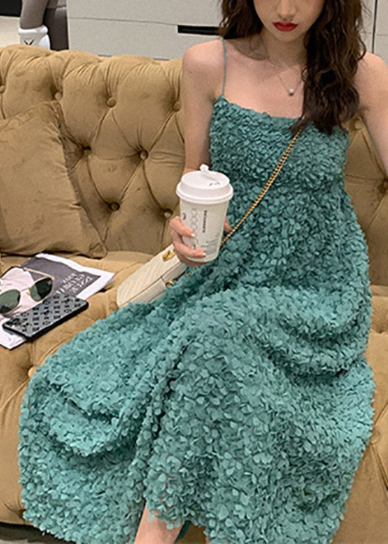 Green Slash Neck Embroideried Slip Long Dress Summer
