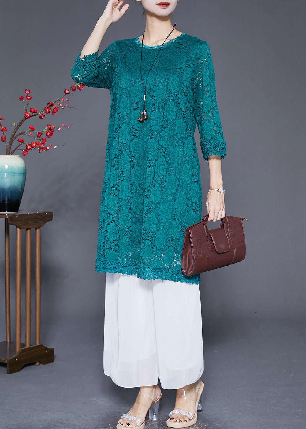 Green Slim Fit Hollow Out Lace Dresses Bracelet Sleeve