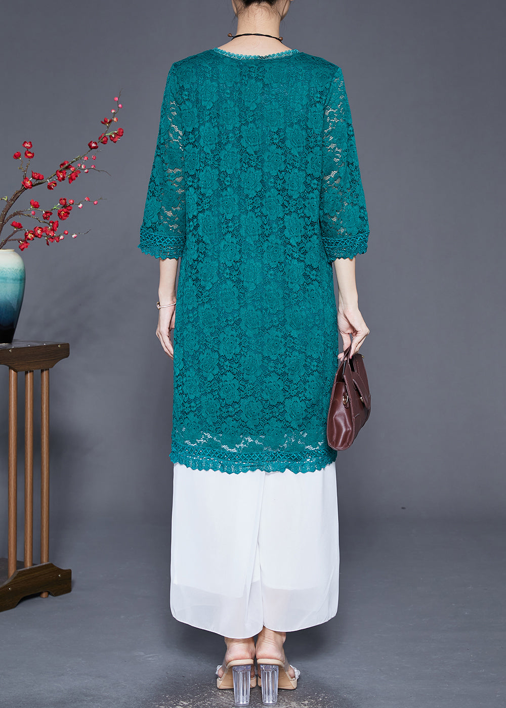 Green Slim Fit Hollow Out Lace Dresses Bracelet Sleeve